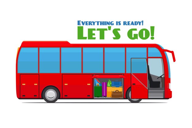 Красный туристический автобус с открытым багажным отделением. Векторная иллюстрация