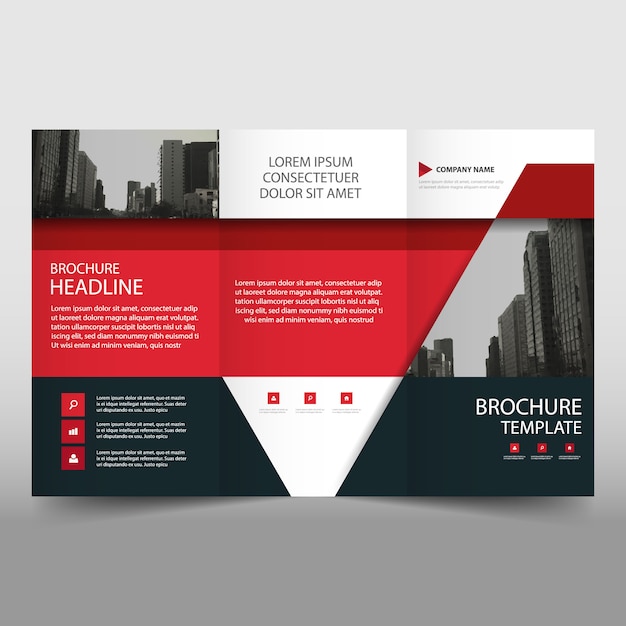 Red trifold business brochure template with triangular shapes