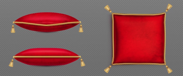 無料ベクター 赤いベルベットの枕、ゴールドのコード タッセルで装飾