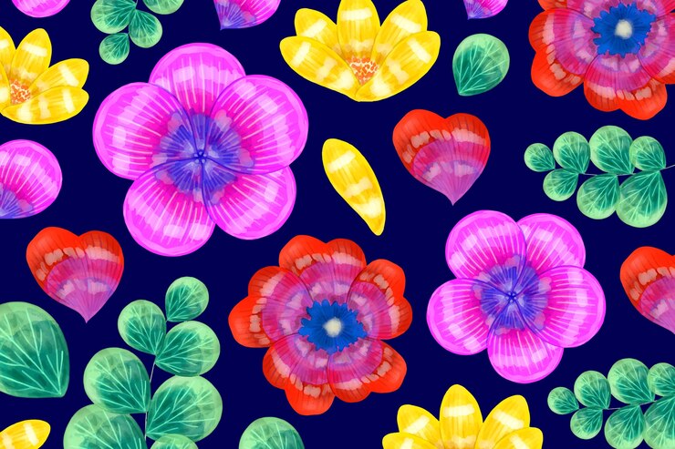 Free Vector red and violet flowers with exotic leaves pattern background