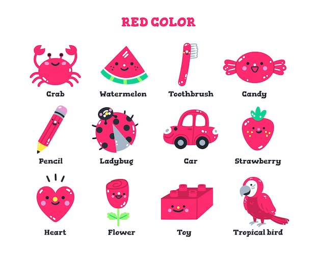 유치원 아이들을위한 영어로 된 빨간색 어휘 세트