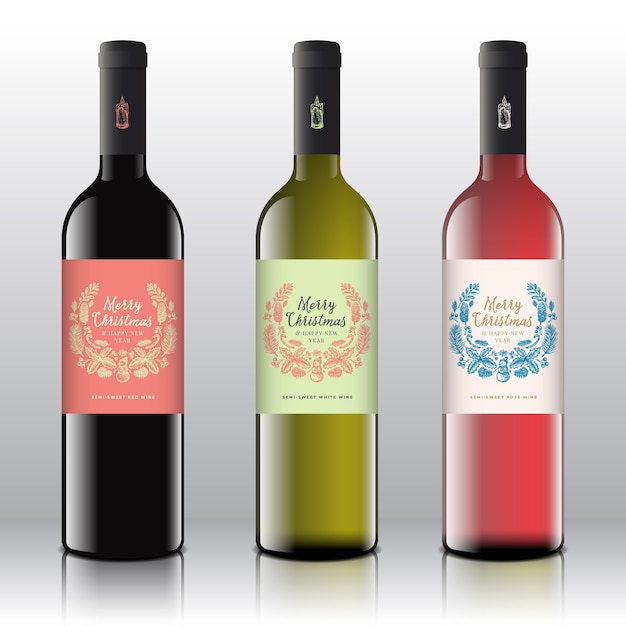 Red, white and pink wine set on the realistic  bottles.