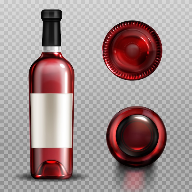 Free vector red wine in glass bottle front top and bottom view