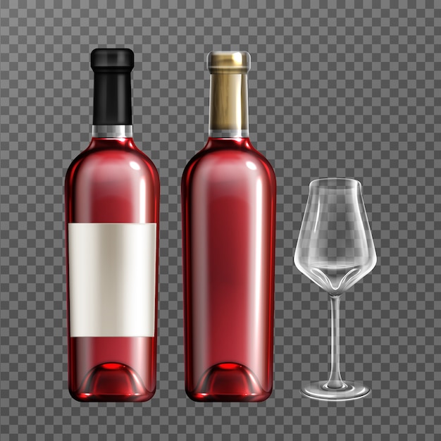 Vettore gratuito bottiglie di vetro del vino rosso e bicchiere vuoto