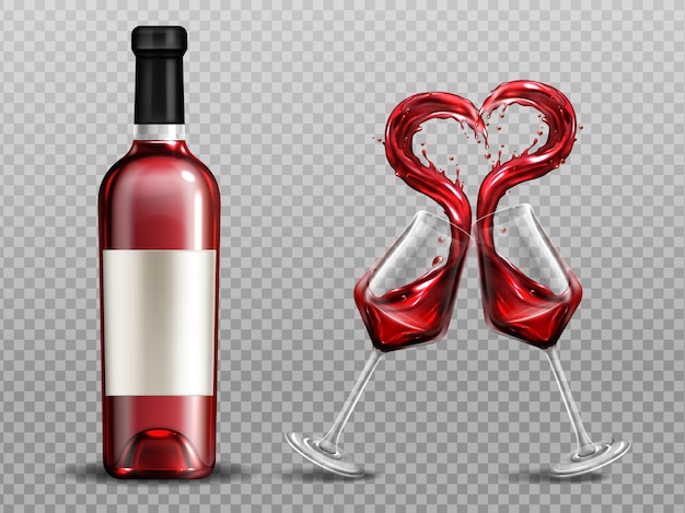 Red wine heart splash in wineglasses and close bottle. full glasses with alcohol drink clinking isolated