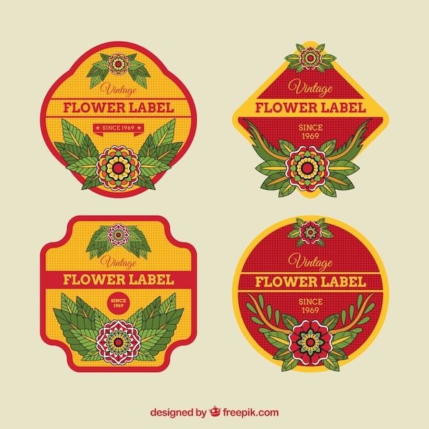 Free vector red and yellow labels with decorative flowers