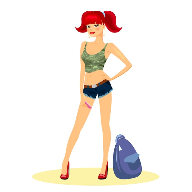 Free vector redhead girl with her hair in pigtails wearing skimpy shorts and high heels