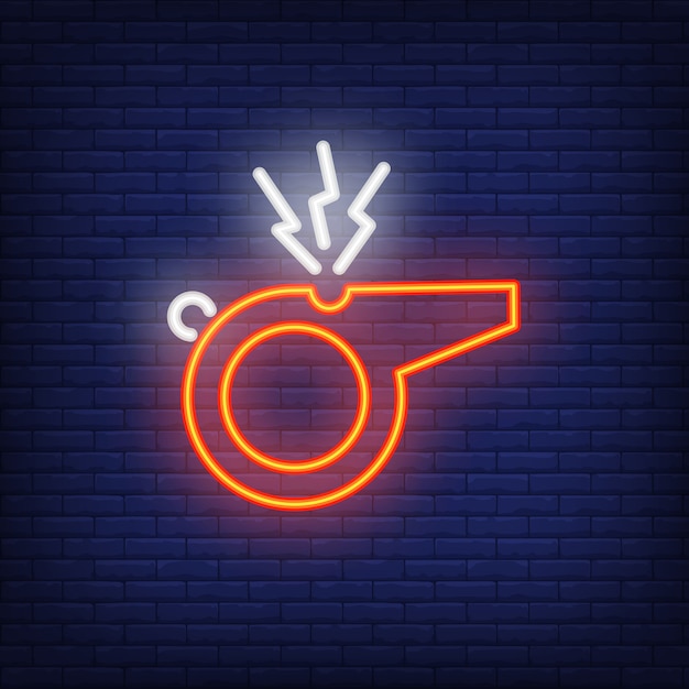 Free vector referee whistle on brick background. neon style illustration. goal, trainer, signal.