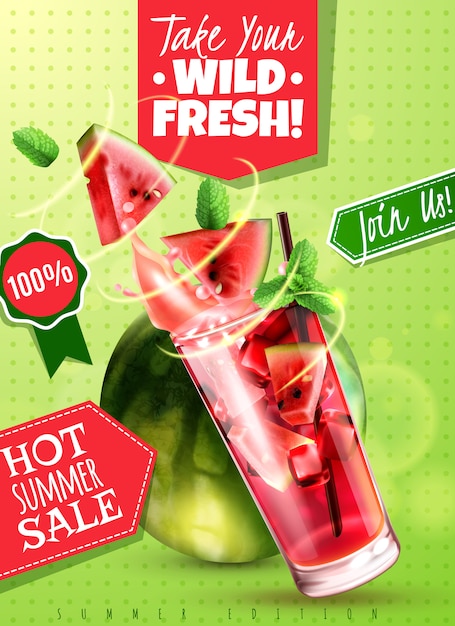 Free vector refreshing detox water summer sale with fresh watermelon mint leaves drink glass realistic advertising poster vector illustration