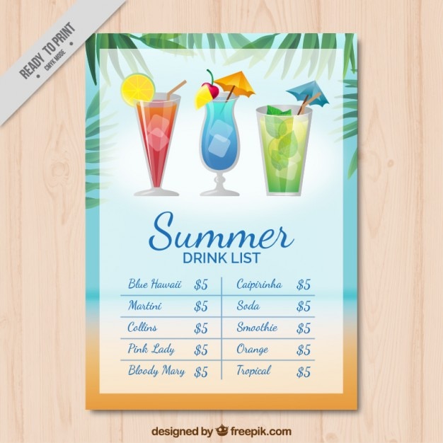 Free vector refreshing drink list with palm leaves