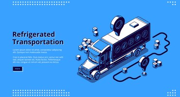 refrigerated transportation isometric landing page, truck delivery service.