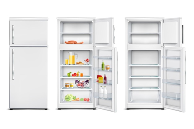 Free vector refrigerator fridge realistic set of isolated cold storage units with products open and closed door