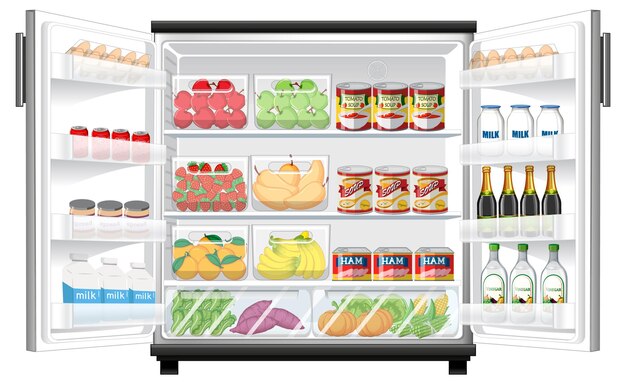 많은 음식이 있는 냉장고