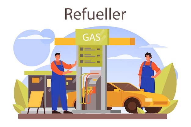 Refueler concept gas station worker in uniform working with a filling gun man pouring fuel into car in petroleum station isolated vector illustration