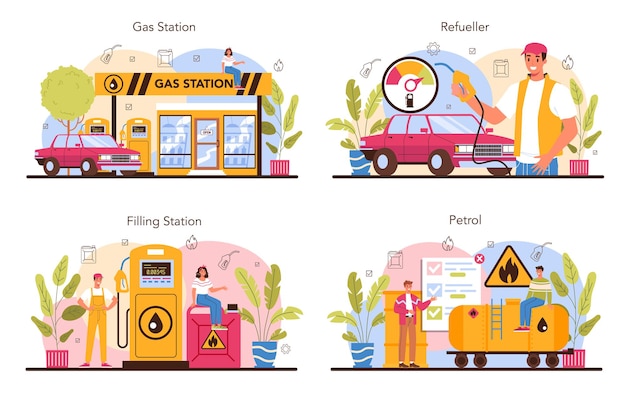 Refueler concept set. gas station worker in uniform working