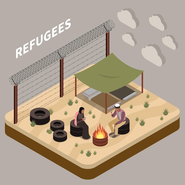 Sfondo isometrico dei rifugiati con coppie musulmane sedute su pneumatici intorno al fuoco vicino all'illustrazione vettoriale della tenda