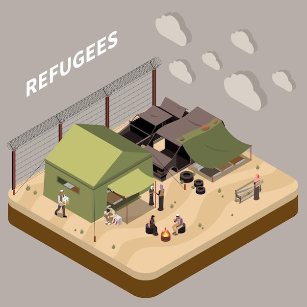철조망 벡터 삽화로 울타리가 쳐진 이민 수용소에 사는 사람들과 함께 난민 아이소메트릭 구성