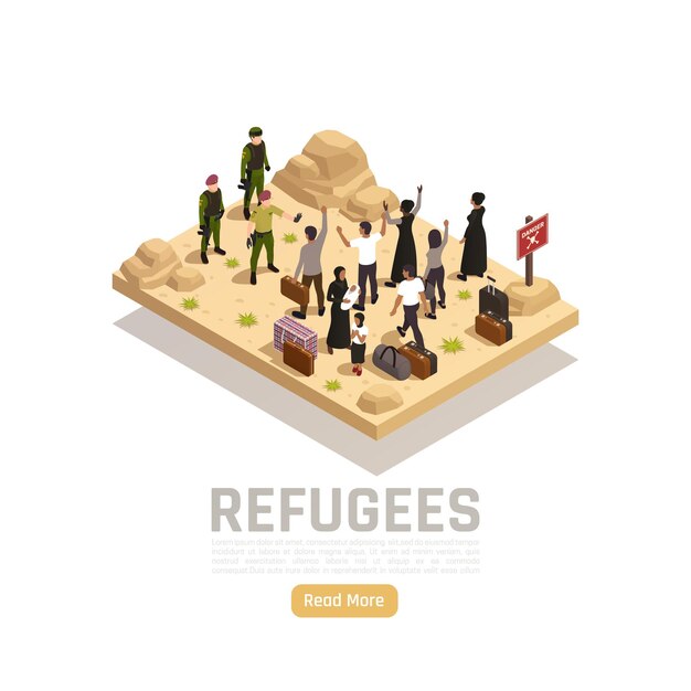 Refugees isometric with militaries meeting group of people escaped from war and needing help