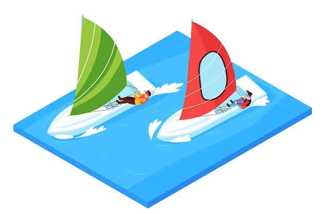 Vettore gratuito concetto di regata con l'illustrazione isometrica di vettore di simboli della concorrenza della corsa