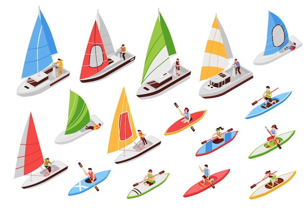 Regatta set with sailing symbols isometric isolated vector illustration