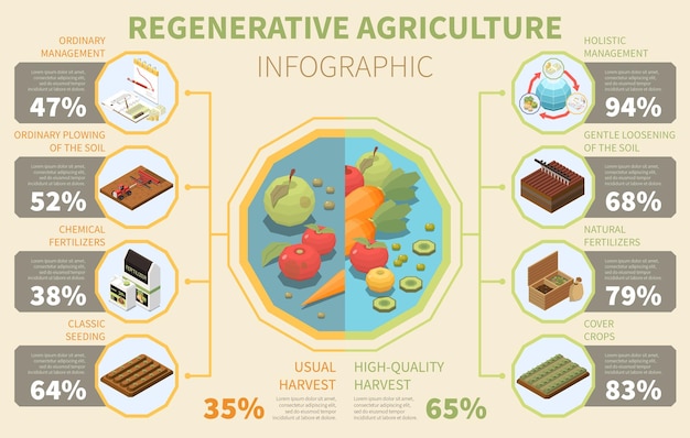 Vettore gratuito infografica sull'agricoltura rigenerativa con frutta e verdura biologica e simboli di gestione olistica dell'ecosistema illustrazione vettoriale isometrica