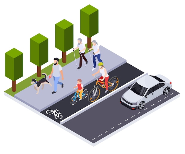 Composizione isometrica della gente di attività fisica regolare di sport con la pista ciclabile e la pavimentazione con l'illustrazione di vettore dei caratteri umani che camminano