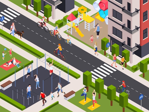 Regular sport physical activity people isometric composition with outdoor scenery of city block with active residents vector illustration