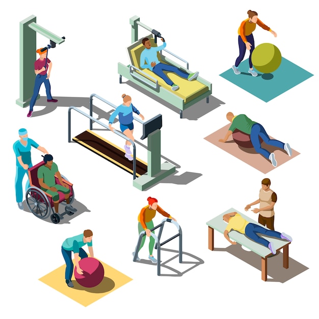 Free vector rehabilitation medical center with characters with musculoskeletal disorders in isometric style.