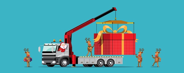 Reindeer and Santa bring a giant gift box truck to the recipient