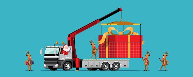 Олень и Санта несут получателю гигантский грузовик с подарочными коробками.