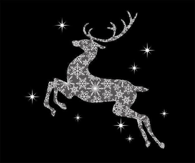 Reindeer Silhouette With Snowflake Pattern Isolated On A Black Background Vector Illustration