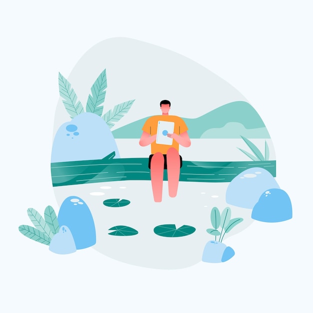 Relaxed freelancer guy sitting on On the river bank. Reading in tablet computer with good natural places. flat flat illustration.
