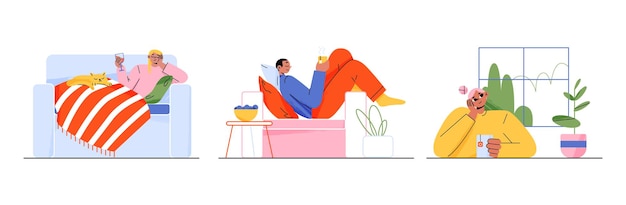 Free vector relaxed people drinking tea and wine having rest