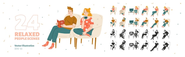 Free vector relaxed people rest at home set