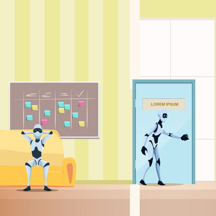 Free Vector relaxed robot on sofa, male bot walk into door