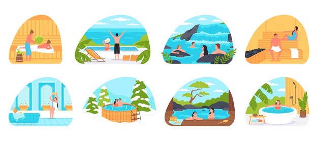 Расслабляющие и купальные композиции набор людей, парящихся в парилке, расслабляющихся в деревянном джакузи в озере и бассейне с термальными водами, плоская векторная иллюстрация