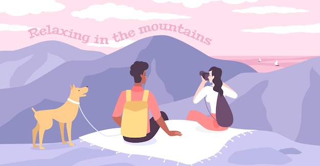 Free vector relaxing in mountains flat  with young couple and their dog sitting on mountaintop and looking around with binoculars