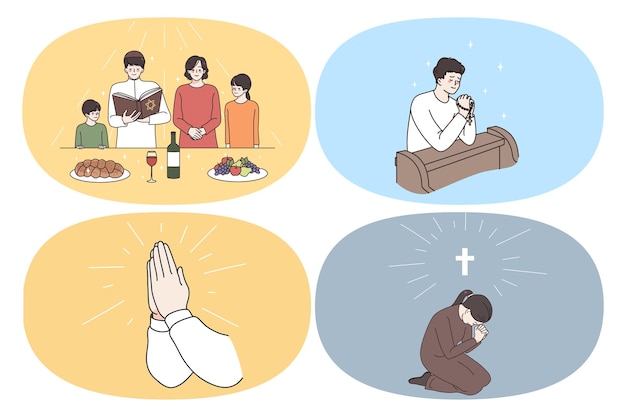 Religion pray and spirituality concept. set of human hands in pray young judish family praying before dinner young non sitting talking to god and believer in dreams vector illustration