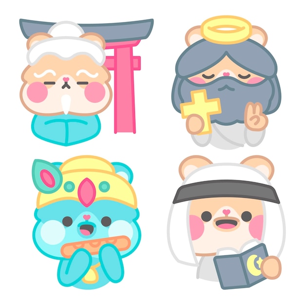 Free vector religion stickers collection with kimchi the hamster