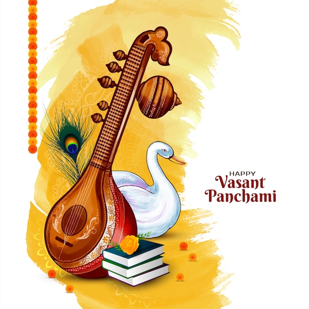 Free vector religious happy vasant panchami indian festival background with veena illustration