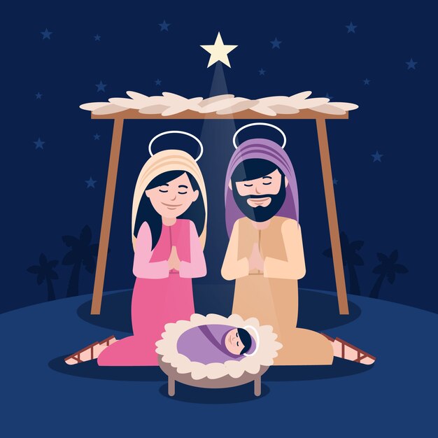 Free vector religious nativity scene with praying people