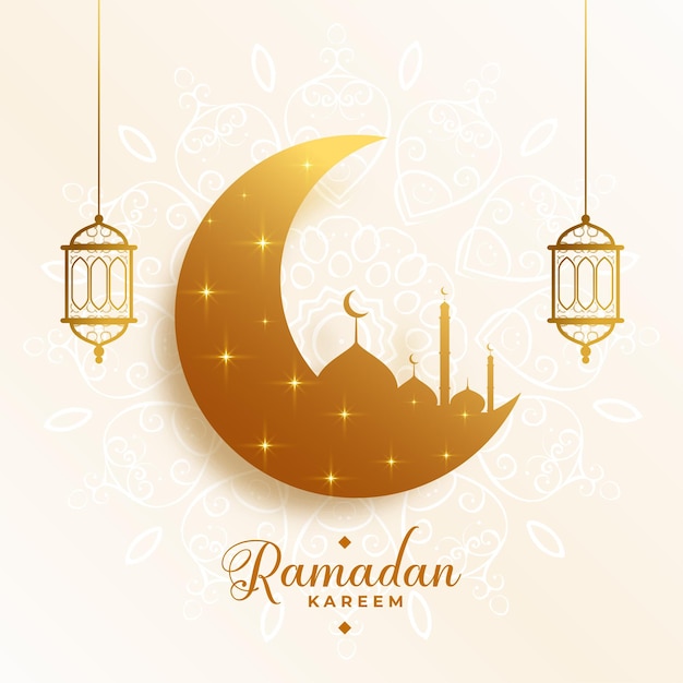 Бесплатное векторное изображение Религиозный рамадан карим золотая луна и фон мечети