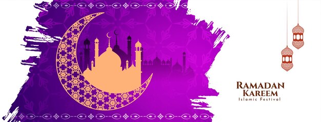 Религиозный исламский фестиваль Рамадан Карим приветствие баннер с вектором мечети
