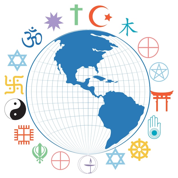 Vettore gratuito simboli religiosi intorno al pianeta terra