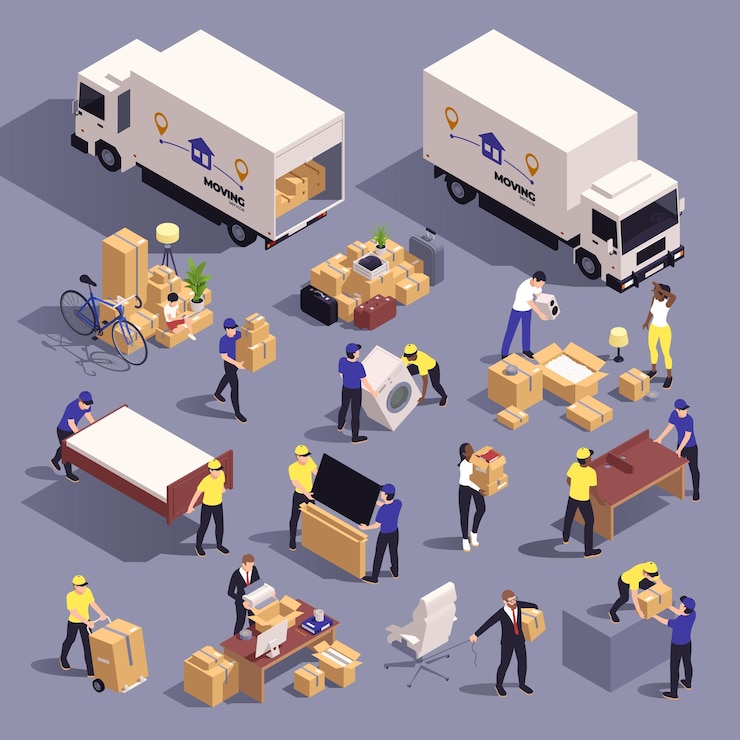 Free Vector relocation company and moving service isometric icons set with people relocating goods isolated vector illustration