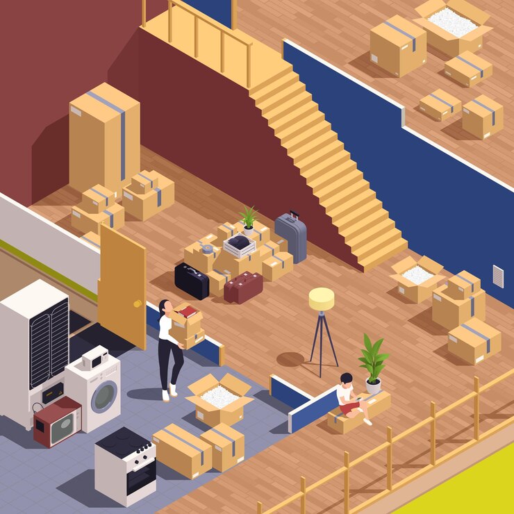 Free Vector relocation service isometric composition with people packing goods in cardboards vector illustration