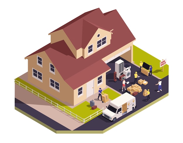 Free vector relocation service isometric concept with company moving people to new location vector illustration