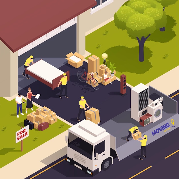 Free vector relocation service isometric concept with moving company relocation people in front of multistore vector illustration