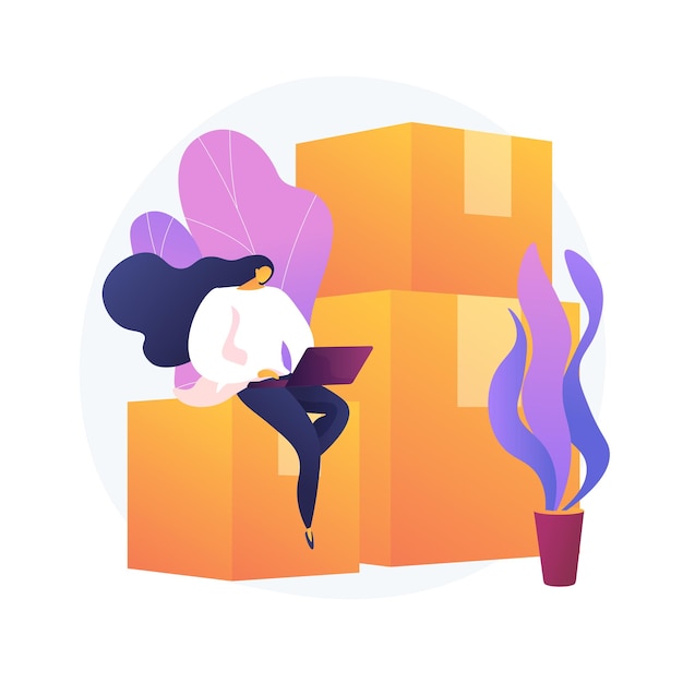Free vector relocation services. apartment rent, accommodation leasing, real estate agency website design element. woman with laptop sitting on cardboard boxes.