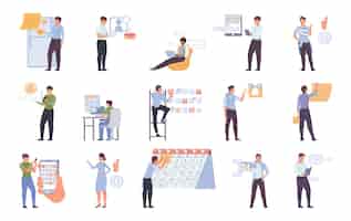 Free vector reminder people flat set of isolated icons with human characters of business workers with alarm pictograms vector illustration